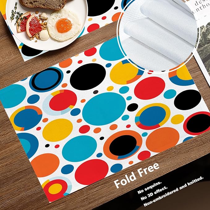 Batmerry Colorful Circles Placemats, Vibrant Circular Pattern Washable Linen Table Mats for Kitchen Table Double Insulation Decor Dining Set Indoor Outdoor 12X18 in Set of 6