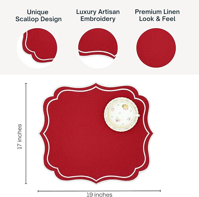 Cotton Linen Placemats Set of 4 - Double Layered, Machine Washable, Scalloped & Embroidered Cloth Table Mats - Luxury Gift for Wedding, Birthday & Mother's Day 19 x 17 inch, Red
