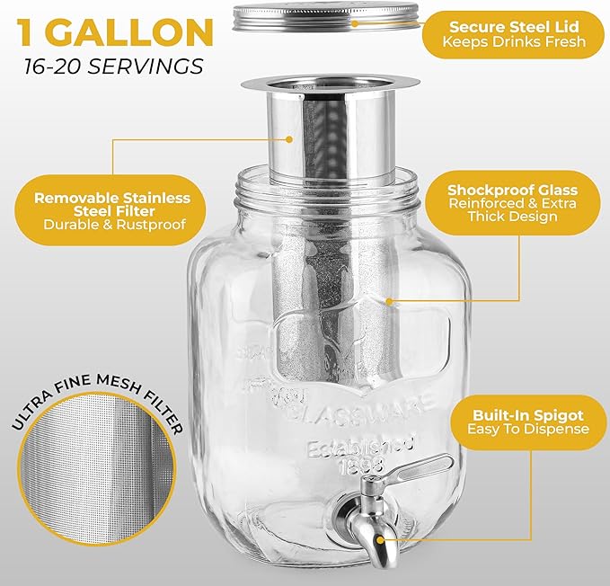 Zulay 1 Gallon Glass Drink Dispenser for Parties – with Spout Lid and Stainless Steel Filter – Leak-Resistant Beverage Dispenser for Events – Lemonade Iced & Sun Tea Infused Water & Juice Dispenser
