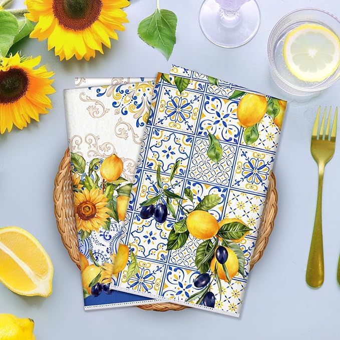 Lemon Floral Microfiber Kitchen Towels, Soft Absorbent Hand Towel 15.7 × 23.6 inch, Thick Dish Cloth for Party Anniversary Holiday Decoration, Housewarming Gifts for Mom
