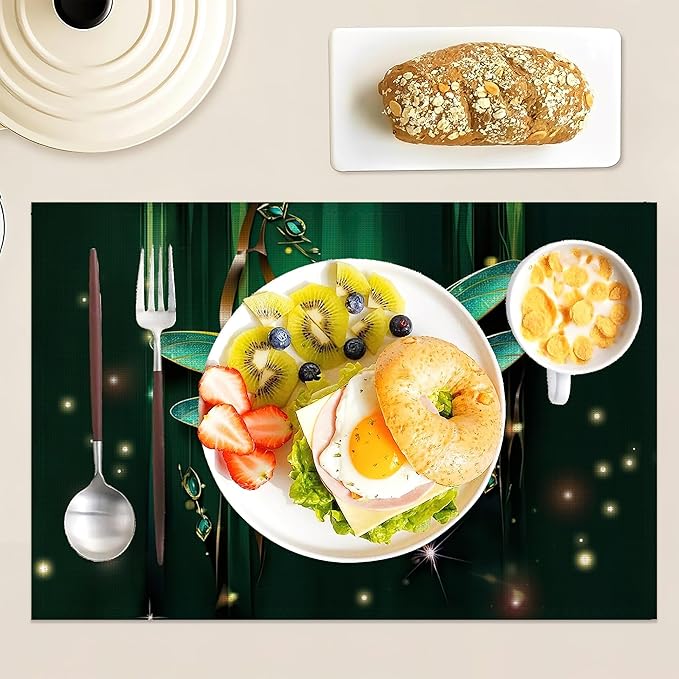 Green Jewel Dragonfly Place Mats Set of 6, Table Mats Heat Insulation Non Slip Washable Dining Placemats for Wedding Holiday Party Kitchen Decor 12X18 in