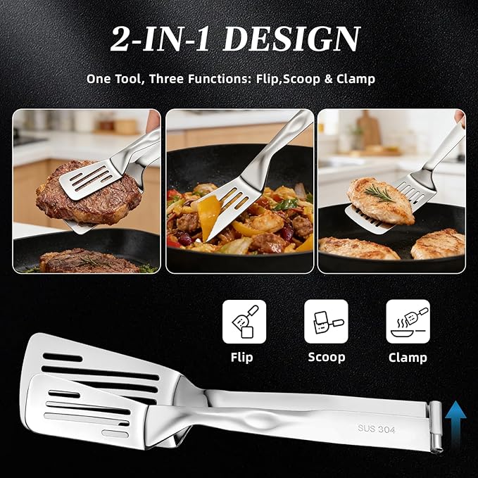[2-in-1 Detachable Design] 12-Inch 304 Stainless Steel Spatula Tongs, Rust-Proof Metal Tongs for High Heat Cooking, Professional Food Turner for BBQ and Grilling, Durable Kitchen Essential