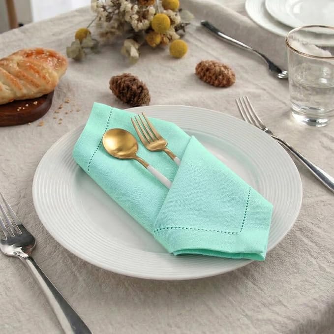 Palisa Mist Green Cotton Napkins Set of 12 | Premium Hemstitch Detailing Cloth Dinner Napkins 18x18 Inch | Soft Washable & Reusable Table Napkins for Everyday Use Weddings Restaurants & Hotels