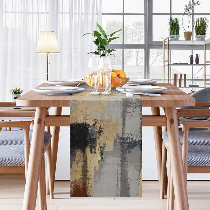 Emvency Modern Abstract Table Runner, Gold Foil Grey Textured Artistic for Kitchen Coffee Table Family Dinners Holiday Parties Wedding Events Decor(13x72 inch)