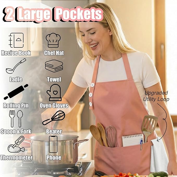 TOSHE Kitchen Apron Waterdrop Resistant Cotton Apron with adjustable Aprons for Women with Pockets Cooking Apron (2 Pack - Powder Pink)