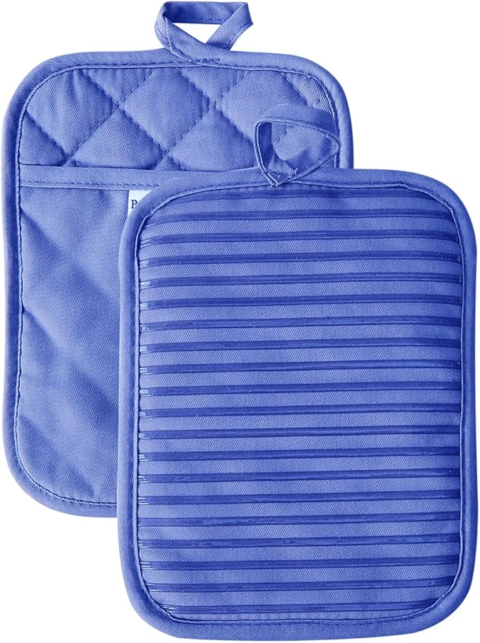 Kitchen Everyday Basic Pot Holder Heat Resistant Coaster Soft Silicone Water Resistant Pot Holder Set Oven Mitts with Pocket, 2 Piece Set, 7"x9" Dark Blue