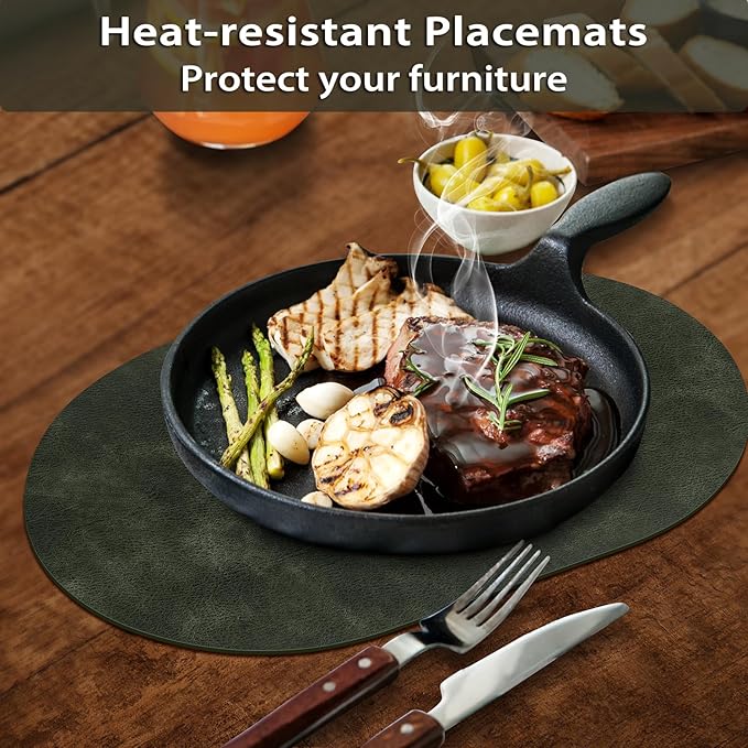 ADRIMER Placemats, Heat Resistant Oval Placemats Set of 6 Washable 12 x 17 Inch, Waterproof Table Mats, Wipeable Pu Place Mats for Kitchen, Dining Room, Olive Green