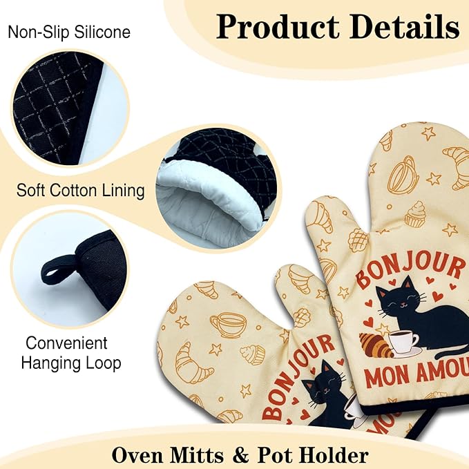 2 Pack Funny Black Cat Oven Mitts, Bonjour Mon Amour, Heat Resistant Silicone Non-Slip Mitts, Christmas Birthday Gifts for Cat Lovers, Sweet Housewarming Gifts for Hostess Mom Wife Friend