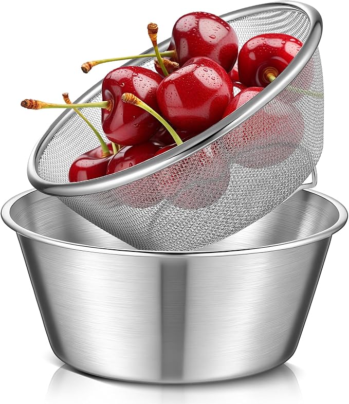 Baderke 2 Pcs Mini Colander & Food Strainer 304 Stainless Steel Small Mixing Colanders Bowl Rice Strainer for Kitchen Cooking Fruit Washing Vegetable(6.3 x 2.76 Inches,Silvery)