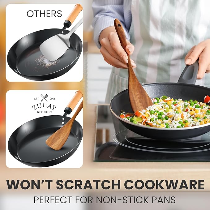Zulay Kitchen Teak Wood Utensil Set – 7 Piece Wooden Cooking Utensils – Slotted Spoon, Bowl Scraper, Solid & Slotted Turner, Salad Spoon, Fork & Tongs – Durable, Nonstick Safe & Smooth Finish