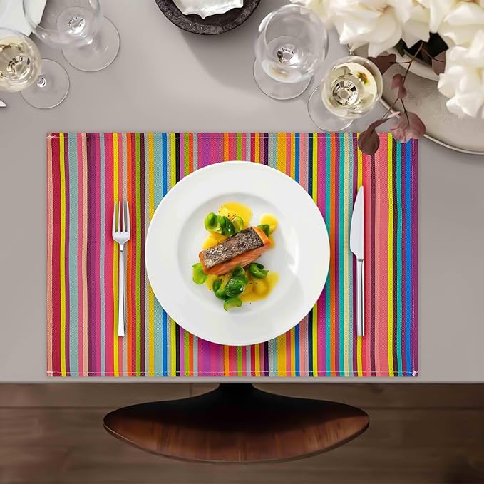 Rainbow Placemats Set of 6, 12x18 Inch Heat-Resistant Washable Easy to Clean Place Mats, Faux Linen Cloth Table Mats Suitable for Indoor/Outdoor Parties & Kitchen Decor (Rainbow)