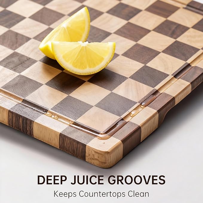 Checkerboard Cutting Boards for Kitchen, Acacia Wooden Cutting Board, End Grain Chopping Board with Juice Groove, Serving Tray for Meat, Vegetables, Fruits, Bread, Cheese, 14" X 11" X 0.8"