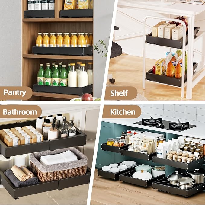 2 Pack Expandable Pull Out Cabinet Organizer, Width (12"-19" ) & Depth (16.5"-22")No Drill Adjustable Cabinet Pull Out Shelves for Kitchen,Pantry, Adhesive Roll Out Shelves for Kitchen Cabinets-Black