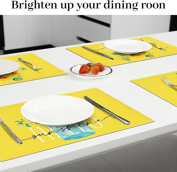 Bloss Yellow Hello Sunshine Sunflower Summer Placemats Set of 6, 12 x 18 Inch Spring Seasonal Holiday Decoration Rustic Vintage Washable Table Mats, Placemats for Dining Table