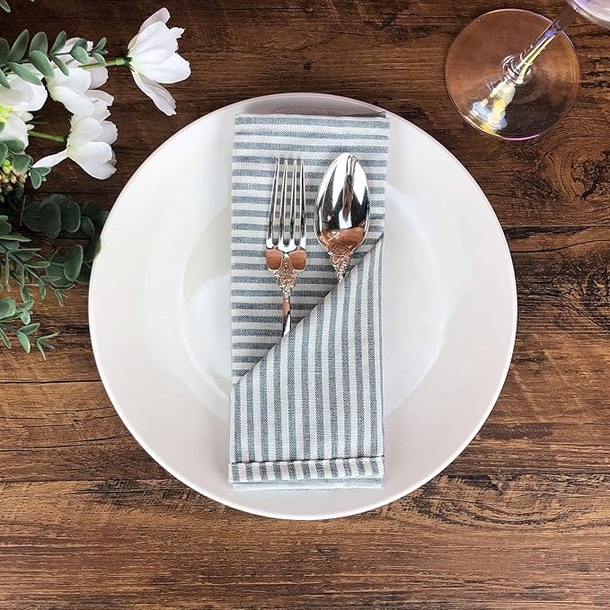 Plain Striped Cotton Linen Blended Dinner Cloth Napkins - Set of 12 (40 x 30 cm) - for Events & Home Use (Ocean)