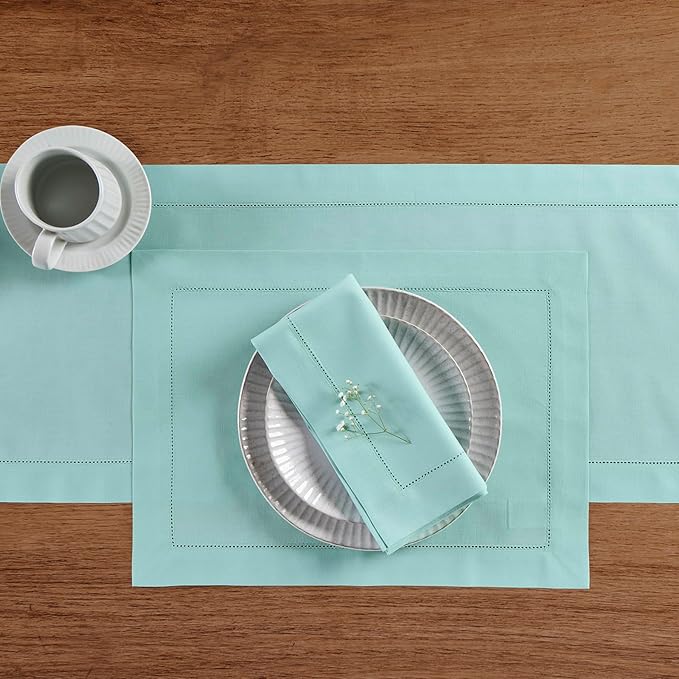 Solino Home Cotton Linen Napkins Set of 4 - Hemstitch Pastel Turquoise Dinner Napkins Cloth 20 x 20 Inch for Spring, Summer, Mothers Day - Handcrafted and Machine Washable