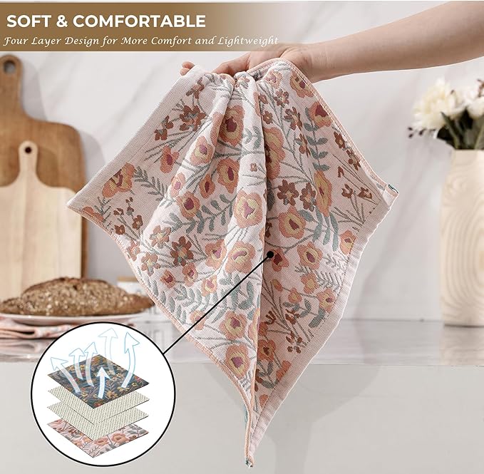 Kitchen Dish Towels for Drying 100% Cotton Set of 4, Ultra Absorbent Quick Drying Thick Reusable Cleaning Decorative Tea Towels with Hanging Loop,Reversible Boho Pretty Hand Towels,Floral