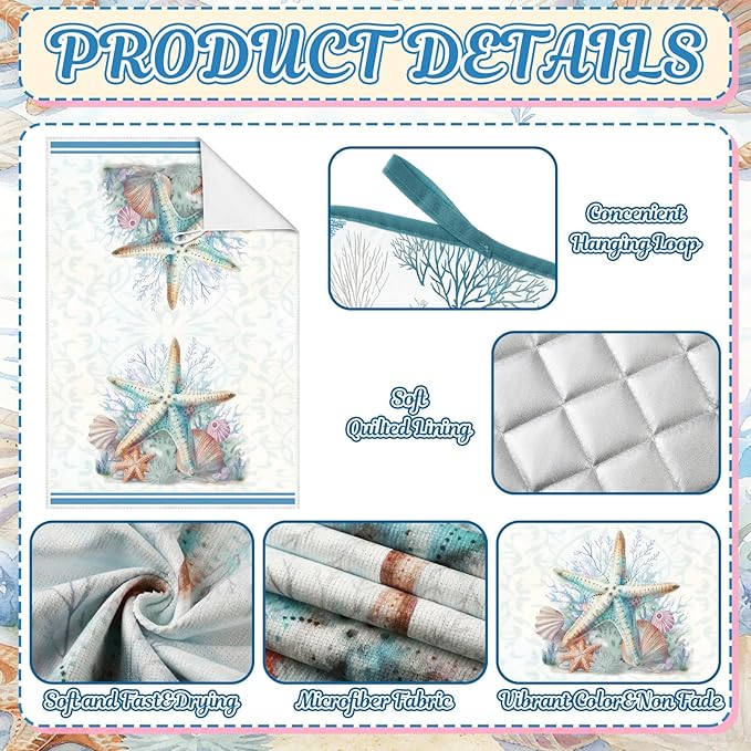 Jingmore 6 Pcs Kitchen Decor Set Accessorie Farmhouse Kitchen Towels Pot Holders and Oven Mitts Set 2 Dish Towels 2 Pot Holders 2 Cooking Mitten Oven Glove for Cooking(Blue,Coastal Starfish Shells)
