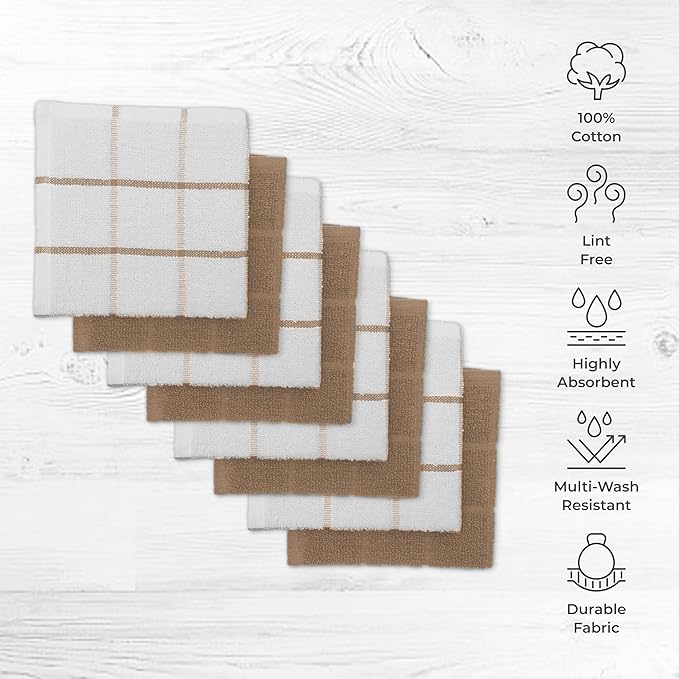 100% Cotton Terry Dish Cloth & Dish Towel, 8 Pack, Super Soft and Absorbent Kitchen Towels, Perfect for Kitchen Cleaning and Dish Washing (TAN (Solid and Checks) 8 Pack)