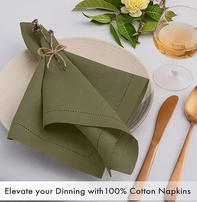 Ruvanti Cloth Napkins Set of 12, 100% Cotton High GSM 18x18 Inches, Hem Stitched Corners, Soft, Washable, Durable & Absorbent, Perfect for Parties, Christmas, Thanksgiving Dinners – Capulet Olive