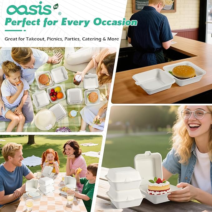 𝟲𝘅𝟲", 𝟭𝟮𝟴-𝗣𝗮𝗰𝗸 Compostable Clamshell Take Out Food Containers, Biodegradable Bagasse Paper To-Go Boxes for Burgers, Sandwiches, Eco-Friendly, Microwave & Freezer Safe (White, Small)