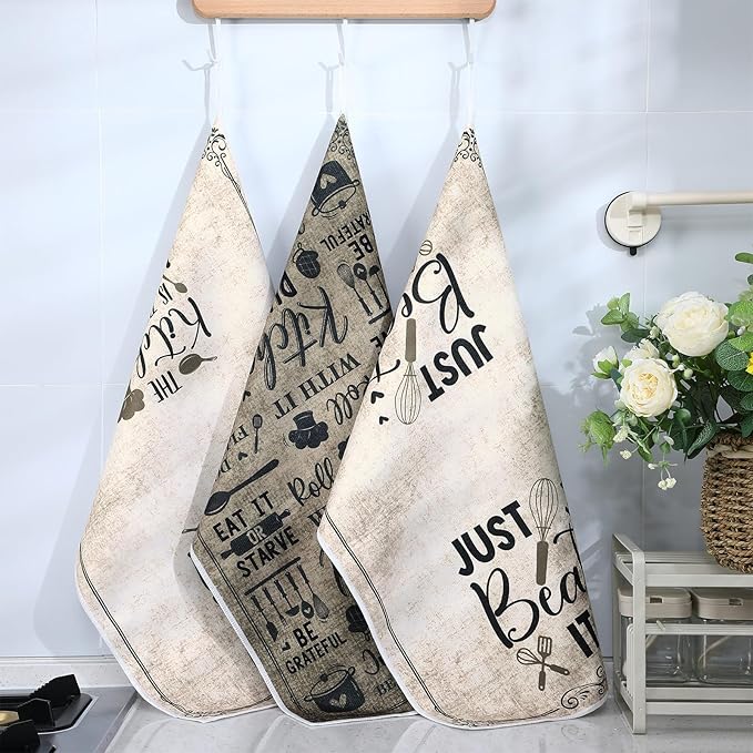 Bencailor 6 Pcs Simple Words Kitchen Towels Decorative Sets Dish Towels Absorbent Fast Drying Hand Tea Vintage Hanging Reusable Cleaning Dishcloths for Cooking Farmhouse Bathroom Accessory