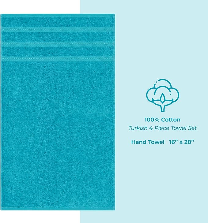 American Soft Linen Luxury Hand Towels for Bathroom, 600 GSM Heawy Weight 16x28 Size 100% Cotton Turkish 4 Piece Hand Face Towel Set, Aqua Blue Hand Towels