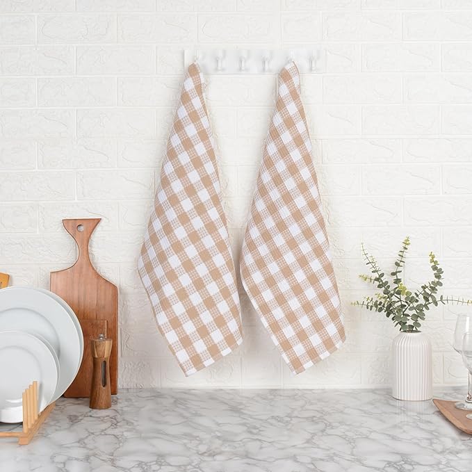 Blue Needles Set of 6 Waffle Weave Kitchen Towel, 15x25 Inches 100% Cotton Check Plaid Dish Towels for Kitchen, Soft & Absorbent for Quick Drying with Hanging Loop, Spring Summer - Beige & White