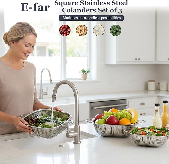 E-far 3 Pack Colander for Kitchen, Square Stainless Steel Metal Strainer Colander with Handle for Draining Food Pasta Vegetable, Micro-Perforated & Elevated Feet, Dishwasher Safe(2.4/4/6QT)