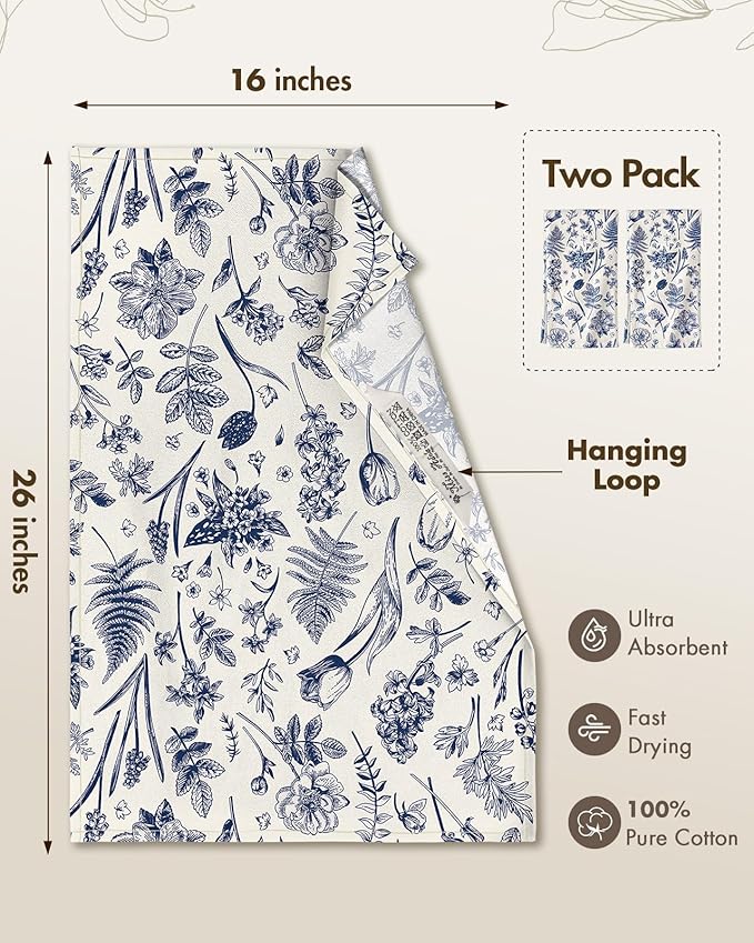Miss Adola Flour Sack Kitchen Towels - Set of 2 Cotton Dish Towels with Hanging Loop Decorative 18x26 Inch Absorbent Cute Design for Housewarming Gifts, Linestyle