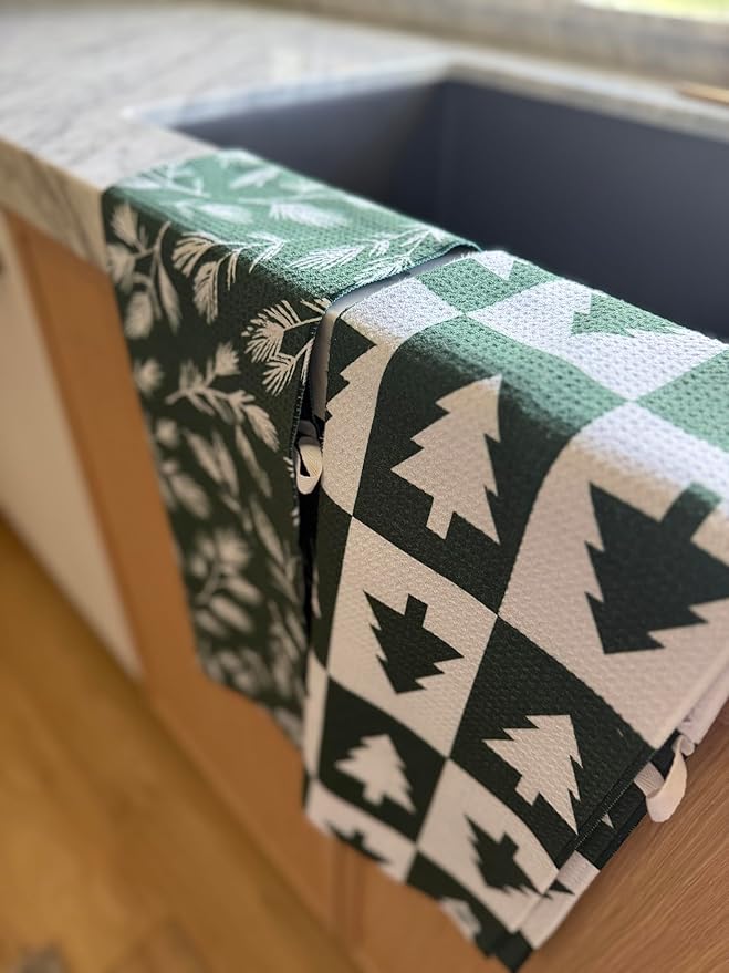 2 Pack || Double Sided|| Not Your Ordinary Kitchen Towels || Dish Towels || Quick Dry || Waffle Weave Microfiber || Designer Prints || Highly Absorbent || Hanging Hook (Forest Christmas)