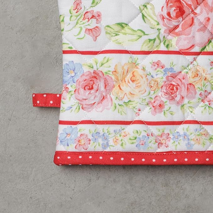 Maison d' Hermine 100% Cotton Oven Mitt & Pot Holder Set (7.5"x13" & 8"x8") Heat Resistant BBQ Cooking Gloves with Loop Baking Grilling Kitchen Gifts for Mothers Day Spring/Summer(Vintage Floral)
