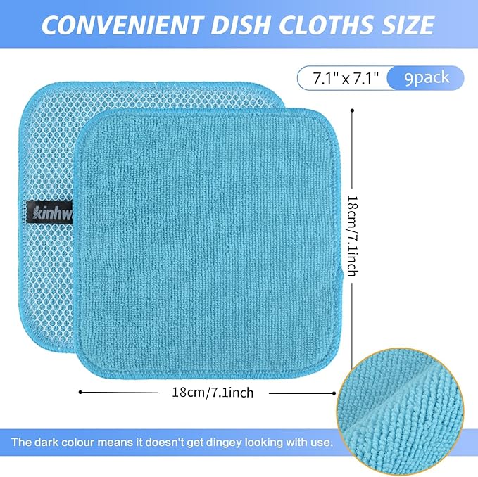 KinHwa Kitchen Washcloths for Dishes Absorbent Microfiber Dish Cloths Quick Dry Dish Rags with Poly Scour Scrub Side Ideal for Kitchen Cleaning (Mixing Colors #1, 7inchx7inch 9 Pack)