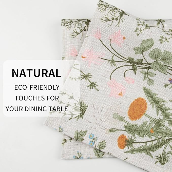 QiyI Boho Placemats Set of 4, 12x18 Inch Linen Fabric Floral Place Mats for Kitchen Dinning, Farmhouse Rustic Cloth Table Mats, Washable Placemat Botanical Party Table Décor, Wildflowers Herbs