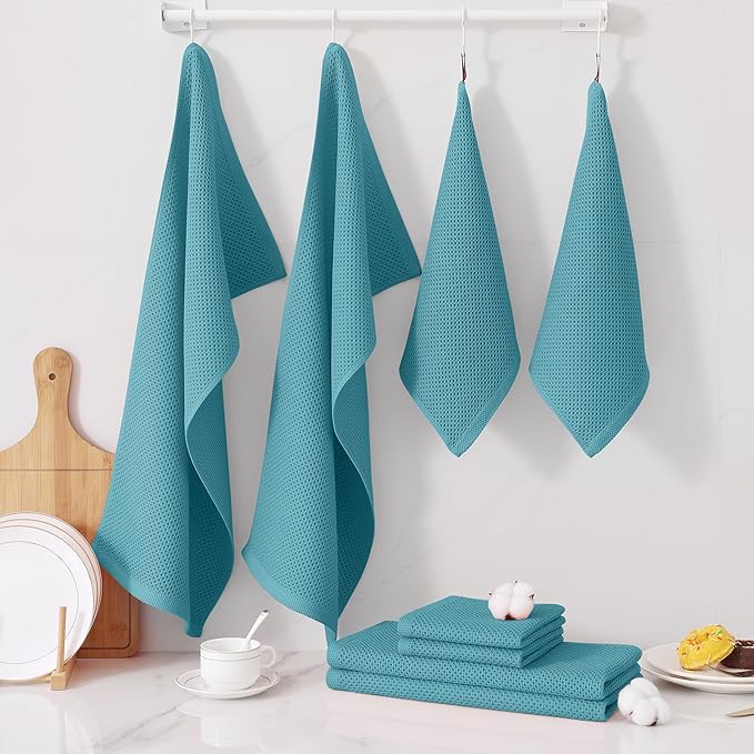 Homaxy 100% Cotton Kitchen Towels and Dishcloths Set, 12 x 12 Inches and 13 x 28 Inches, Set of 8 Bulk Kitchen Towels Set, Ultra Soft Absorbent Dish Cloths for Washing Dishes, Lake Blue