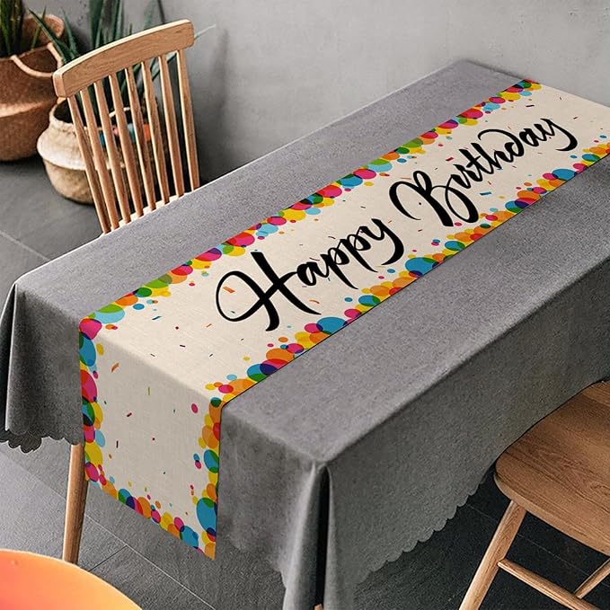 Happy Birthday Table Runner Colored Circles Ribbons 13x72 Inch Polyester Linen Table Decoration for Kitchen Dinning, Indoor Outdoor Home Party Desktop Decor (Multicolour)