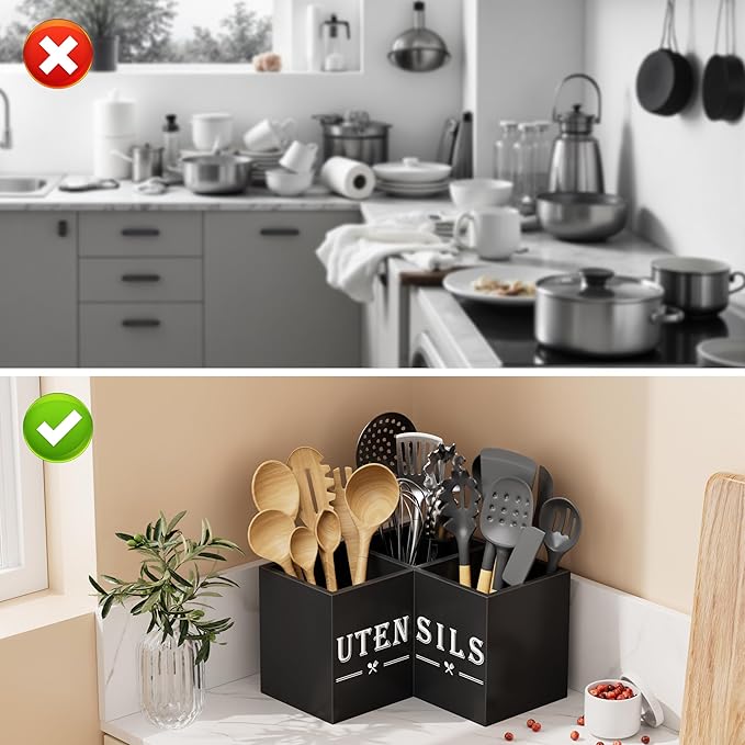ZUJJAFY Utensil Holder for Kitchen Counter, Corner Kitchen Utensil Holder for Countertop with 3 Compartments, Wooden Cooking Utensil Organizer for Spatula Storage, Black