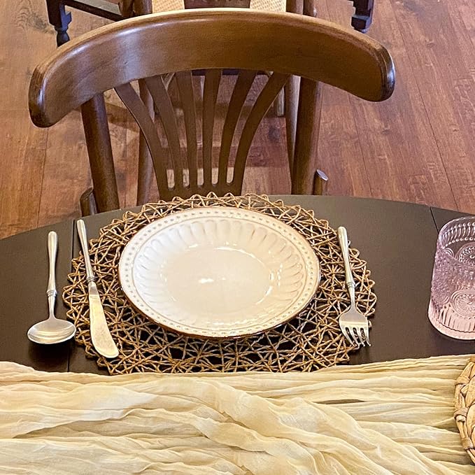 AHHFSMEI Paper Braided Round Placemats Set of 8 Natural Non-Slip Heat Resistant Table Mats for Dining Tables Woven Indoor & Outdoor Place mats(Brown,8)