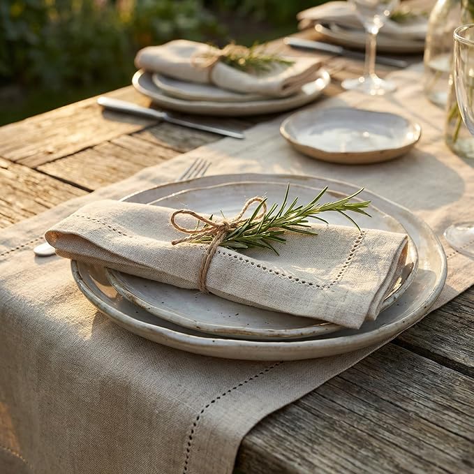 Flax Hemstitchend Cloth Dinner Napkin Set of 4 Natural 20x20 Inches, Decorative Premium Cotton Linen Dinning Table Napkins Ideal for Spring, Easter, Cocktail | Washable Kitchen Napkin for Home Décor