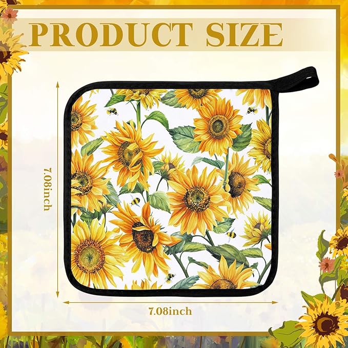 Bencailor 12 Pcs Pot Holders with Pocket Kitchen Hot Potholders Hot Pad Oven Mitts Cookie Bag Oven Gloves for Kitchen Gift Baking Cooking(Yellow,Hello Sunflower)