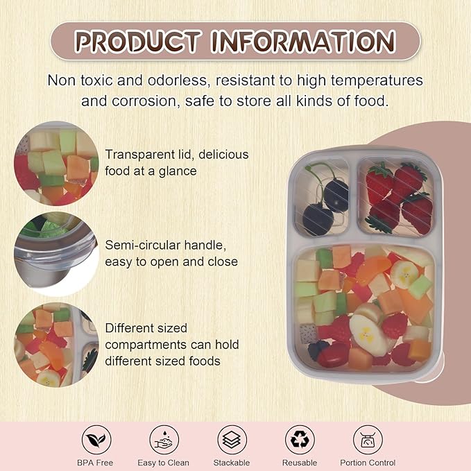 Honeydak 5 Pack Snack Containers 3 Compartment Bento Snack Boxes Divided Meal Prep Containers with Lids Reusable Adults Lunch Food Storage Box for School Work Travel(Brown)
