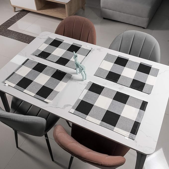 Black and White Placemats Set of 4, Linen Buffalo Plaid Double Layer Spring Placemats Check Kitchen Table Mats,Waterproof Heat Resistant Durable Cloth Washable Placemats 13 x 19 Inches