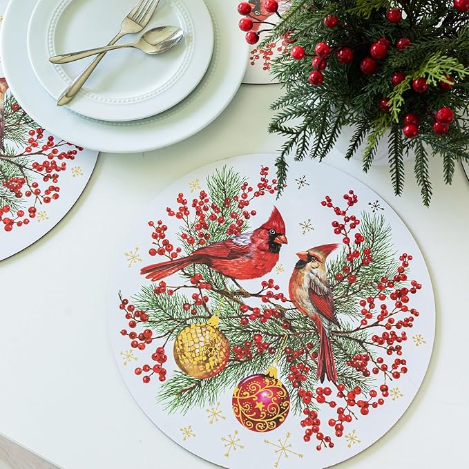 Benson Mills Cork Placemats Set of 4, Thick Cork Place Mats for Kitchen and Dining Tables, Easy Clean Table Mats for Christmas, Winter, and Holidays (13.75" Round Set of 4, Festive Cardinals)