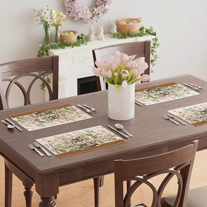 XCHI Wildflowers Cat Daisy Spring Placemats Set of 4 Summer Table Mats for Party Home Kitchen Dining Table Decorations 12x18 Inch