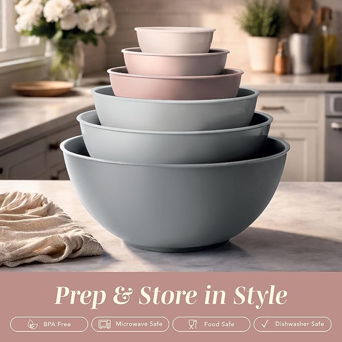 COOK WITH COLOR Mixing Bowls with TPR Lids - 12 Piece Plastic Nesting Bowls Set includes 6 Prep Bowls and 6 Lids, Microwave Safe Mixing Bowl Set (Pink Ombre)