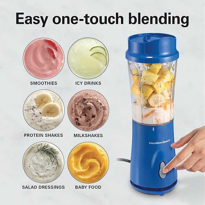 Hamilton Beach Portable Blender for Shakes and Smoothies, 14 Oz BPA Free Travel Cup & Lid, Durable Stainless Steel Blades, Personal Smoothie Blender, Blue, 51132G
