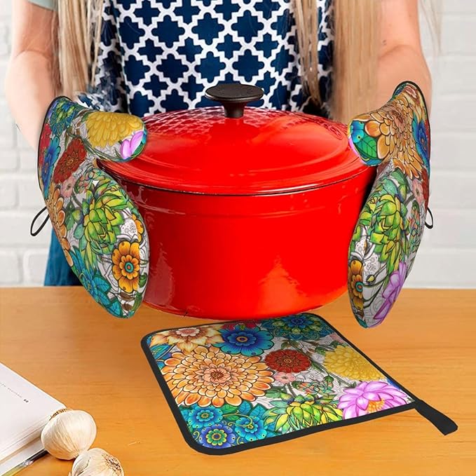 Boho Floral Pot Holders and Oven Mitts Set of 3, Colorful Flowers Baking Gloves Hot Pads, Heat Resistant Kitchen Mitts for Oven, Baking Gifts & Housewarming Gifts for Women Chef Baker Hostress Mom