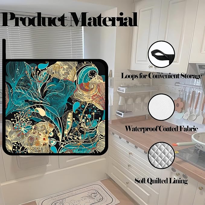 Vintage Floral Pot Holders Set of 2,Kitchen Heat Resistant Potholder for BBQ Cooking Baking,Food Hot Pad for Women Men