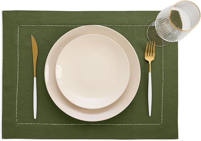 Solino Home Linen Cloth Placemats Set of 4-100% Pure Linen Hemstitch Olive Placemats 14 x 19 Inch - Classic Hemstitch Table Place Mats