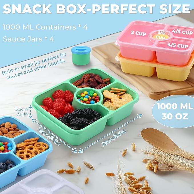 Bento Snack Box Containers, Meal Prep Container Reusable for Kids, Stackable Bento Box Adult 4 Pack, Divided Food Storage Containers with Clear Lids, Sauce Container, Light Colors